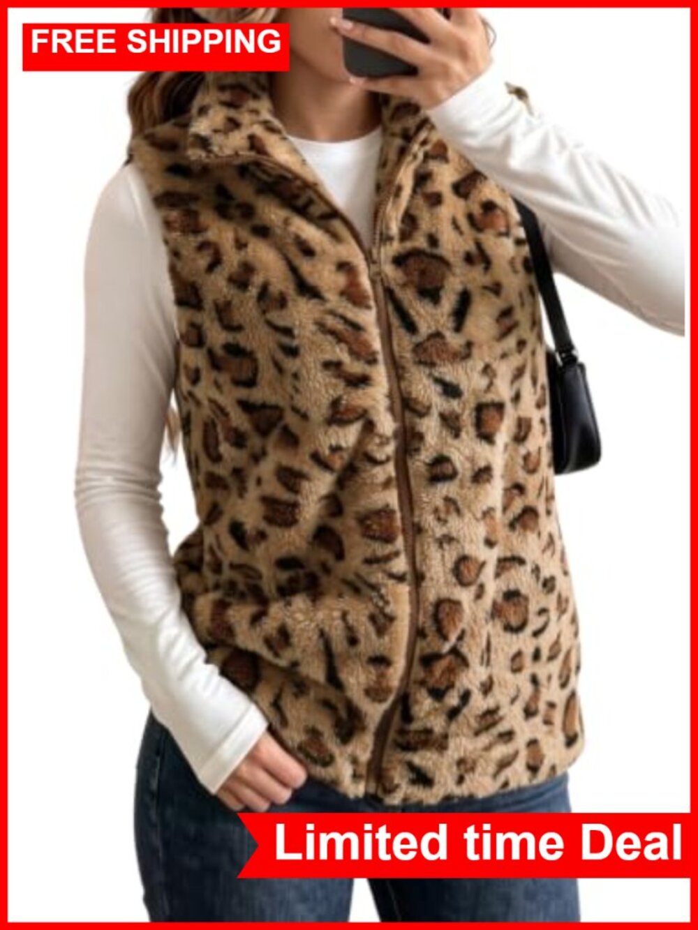 Dokotoo Fleece Vest Zip Up Cow Print Sherpa Sleeveless Jacket